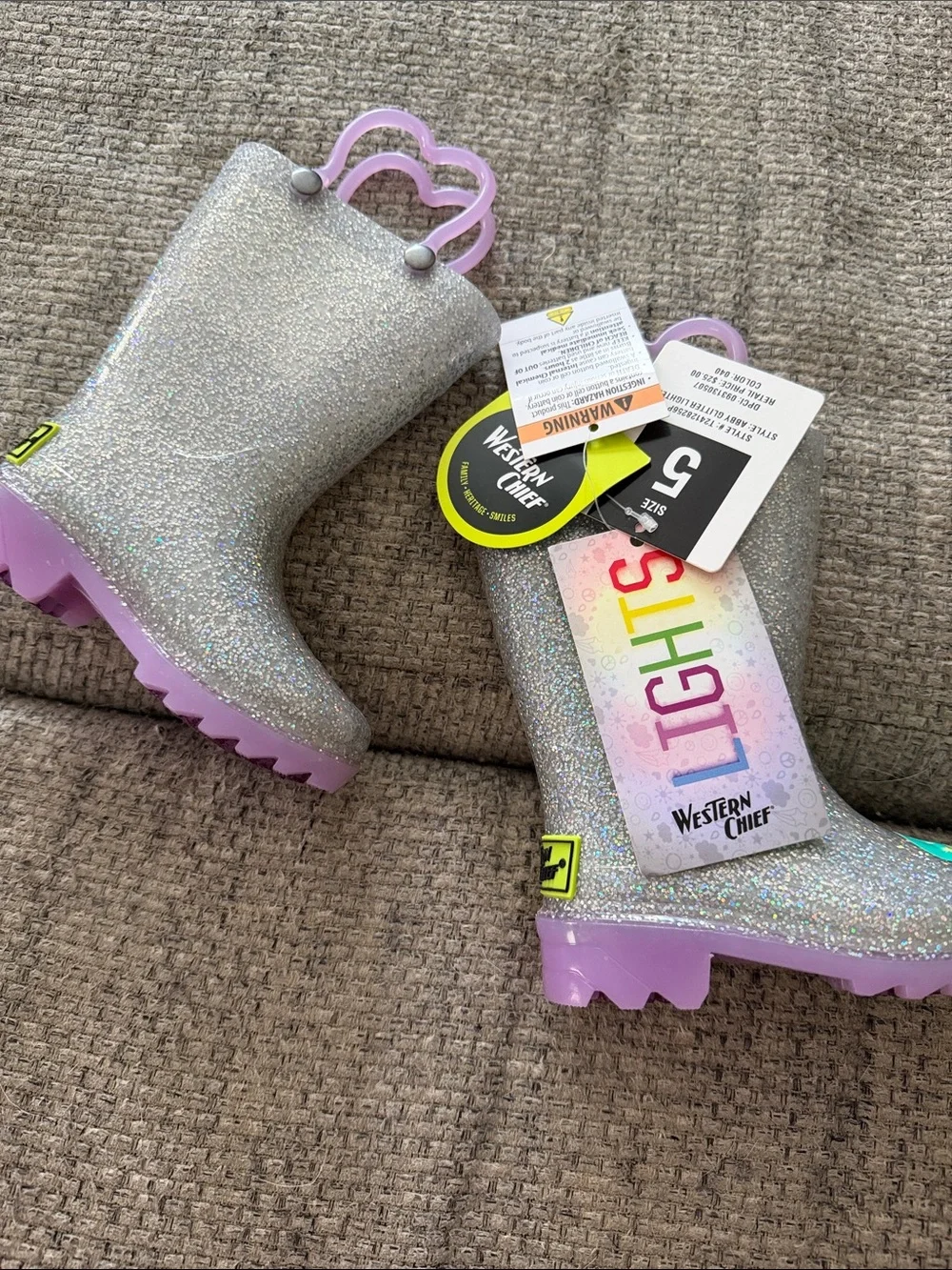 Western Chief Silver Glitter Rain Boots with Lavender Handles and Soles